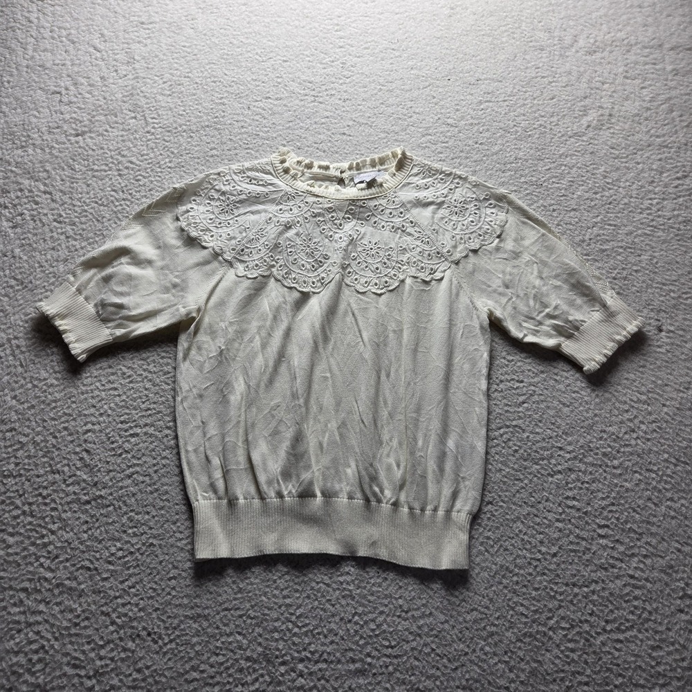 Charter Club Sweater Womens Medium White Eyelet Lace Ruffle Crew Knit Pullover